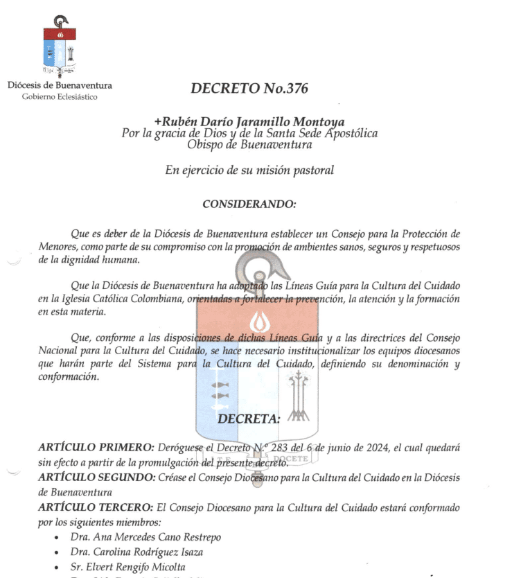 DECRETO 376 CONSEJO DIOCESANO PARA LA CULTURA DEL CUIDADO