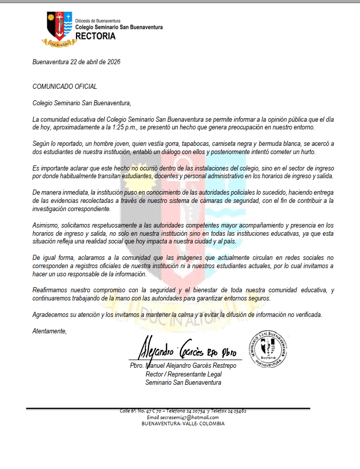 Comunicado Oficial Colegio Seminario San Buenaventura 22 de abril 2026