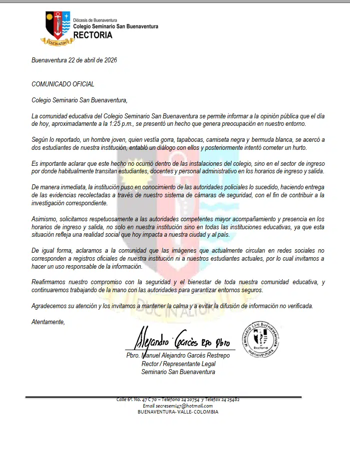 Comunicado Oficial Colegio Seminario San Buenaventura