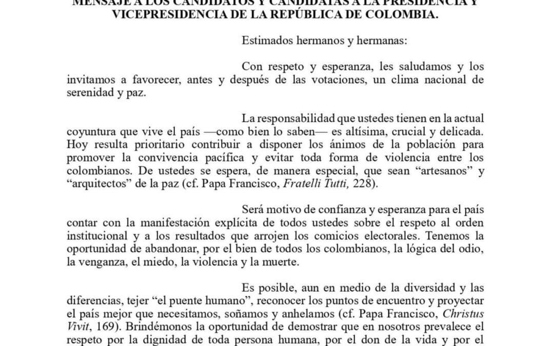 Los obispos de Colombia piden a los candidatos presidenciales ser «artesanos y arquitectos de la paz»