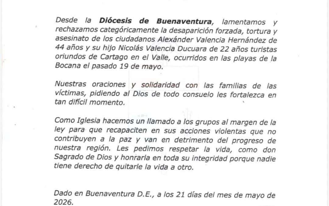 La Diócesis rechaza categóricamente la desaparición forzada, tortura y asesinato de dos ciudadanos en La Bocana
