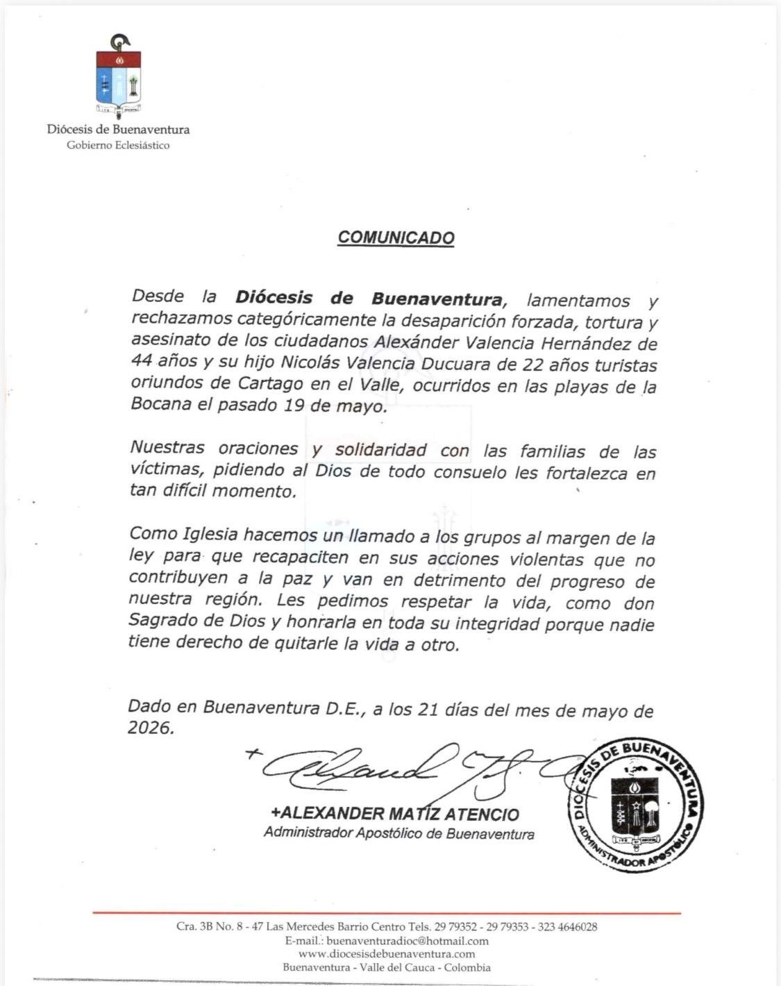 Comunicado oficial Diócesis de Buenaventura mayo 2026