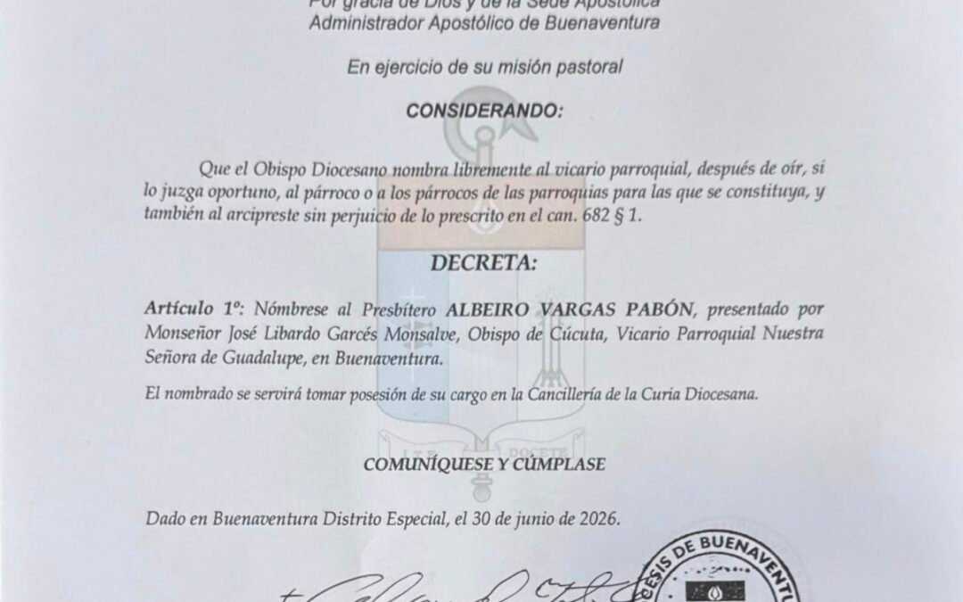 Decreto N°. 009 — Nombramiento del Pbro. Albeiro Vargas Pabón como Vicario Parroquial