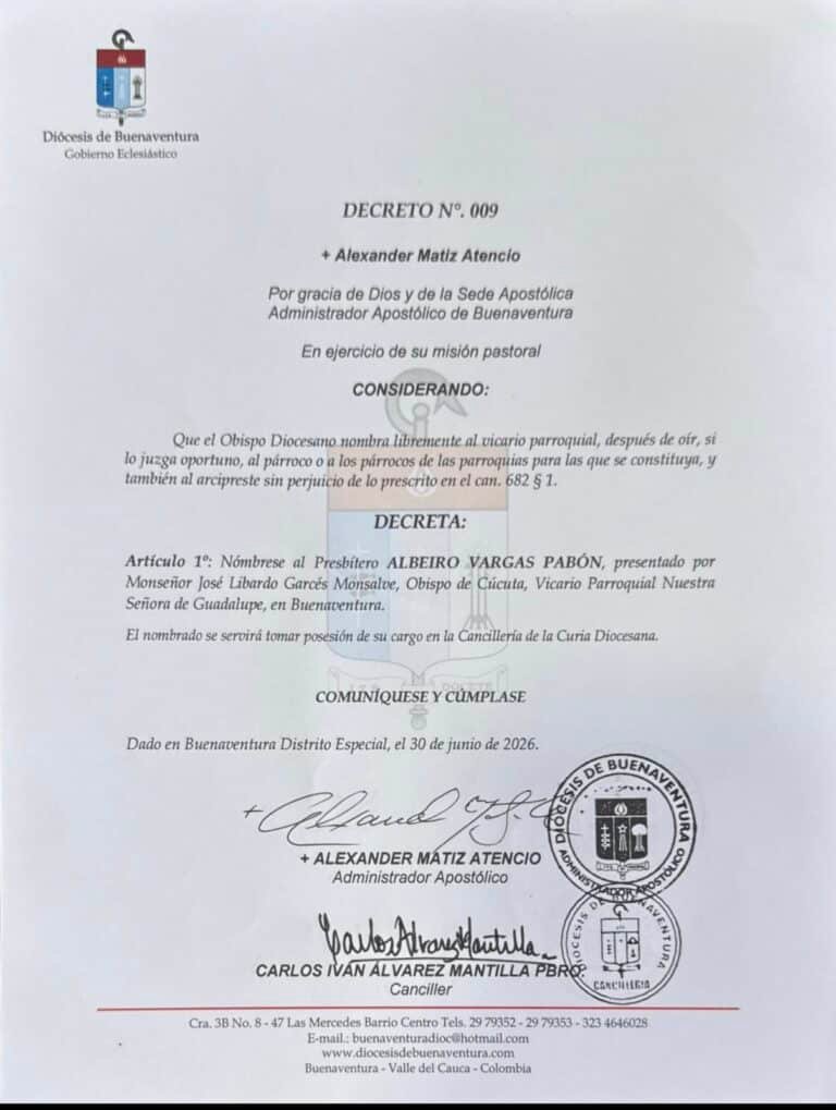 Decreto N°. 009 — Nombramiento del Pbro. Albeiro Vargas Pabón como Vicario Parroquial