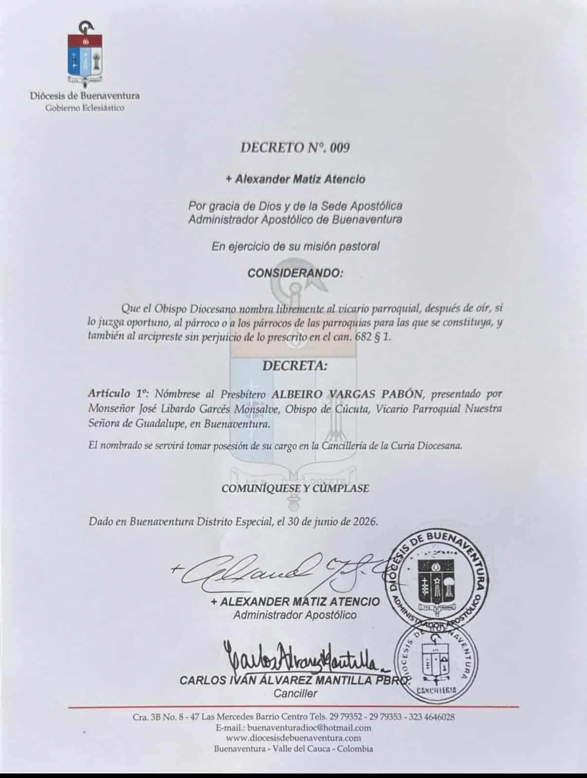 Decreto N°. 009 — Nombramiento del Pbro. Albeiro Vargas Pabón como Vicario Parroquial