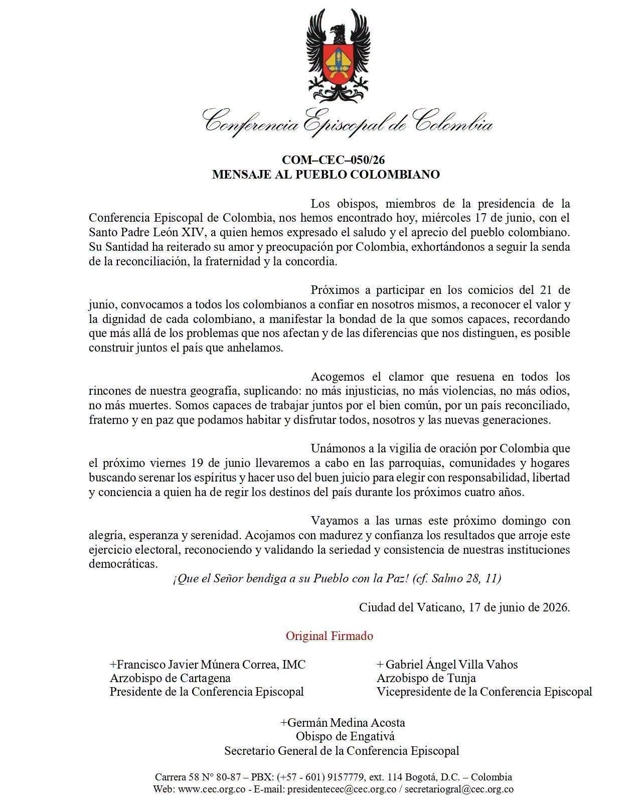 Mensaje al Pueblo Colombiano — CEC con Papa León XIV 2