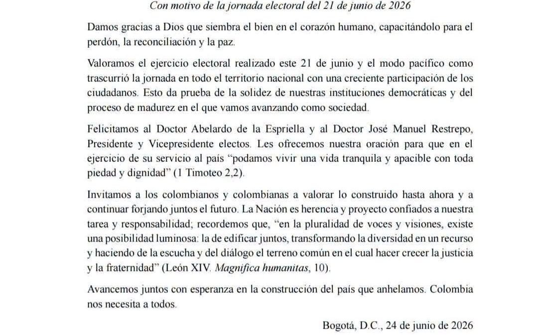 Mensaje de la Conferencia Episcopal tras las elecciones presidenciales de Colombia 2026