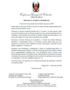 Mensaje de la Conferencia Episcopal tras las elecciones presidenciales de Colombia 2026