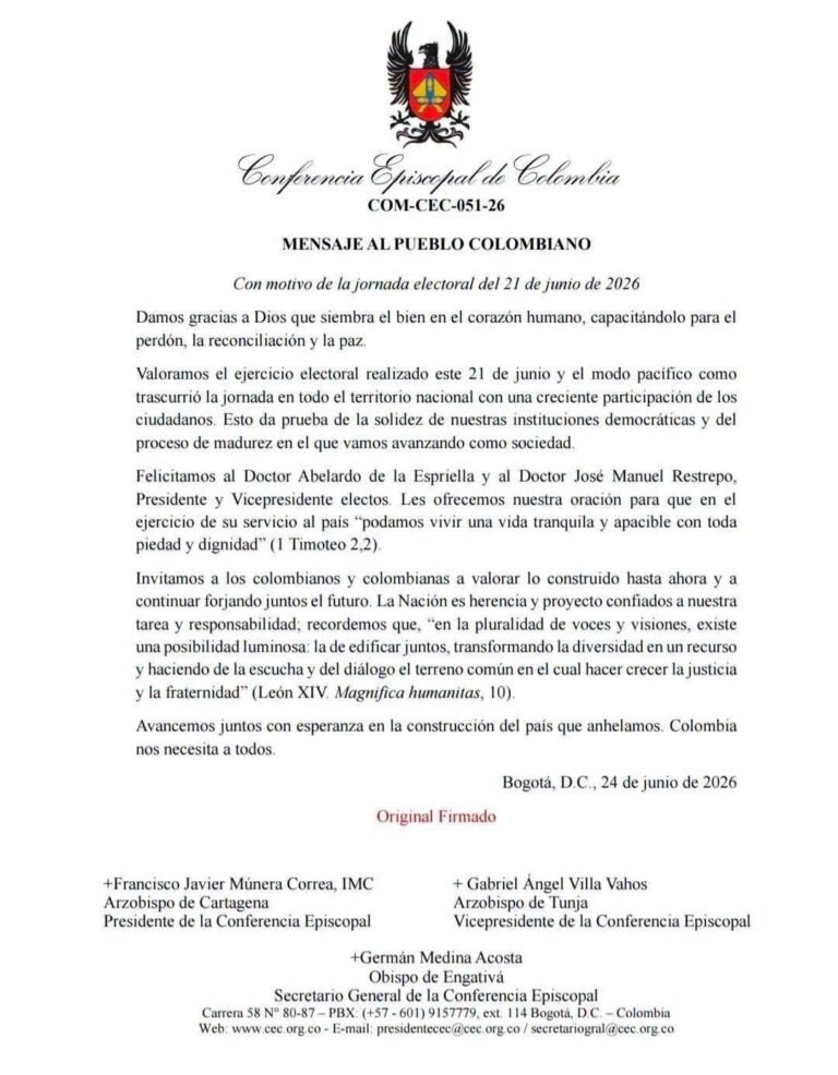Mensaje de la Conferencia Episcopal tras las elecciones presidenciales de Colombia 2026