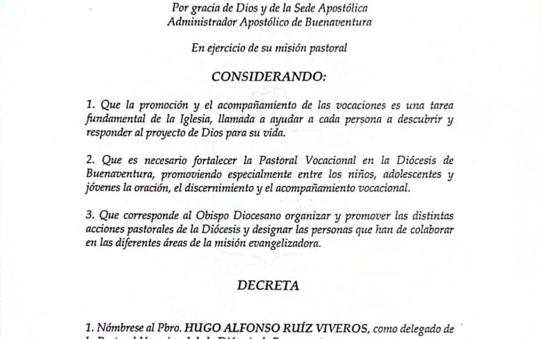 Decreto N°. 010: Nombramiento del Delegado de la Pastoral Vocacional