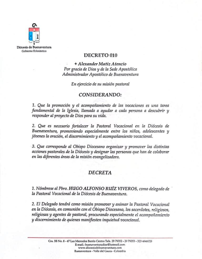 Decreto N°. 010: Nombramiento del Delegado de la Pastoral Vocacional