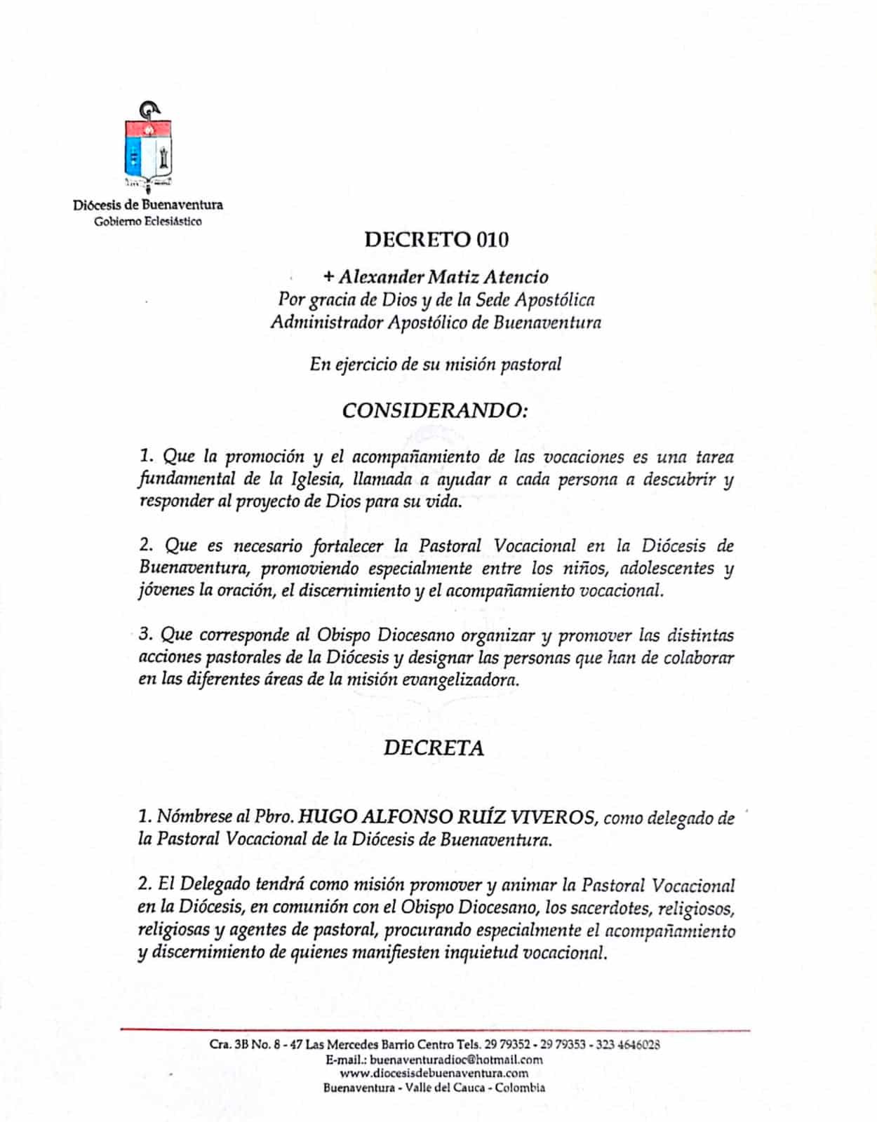 Decreto N°. 010: Nombramiento del Delegado de la Pastoral Vocacional