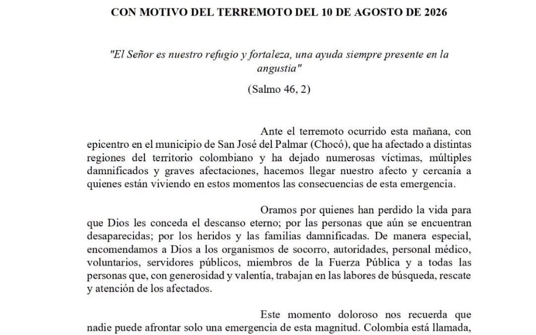 Comunicado de la Conferencia Episcopal Colombiana con motivo del terremoto