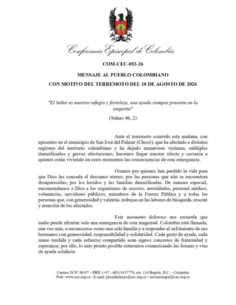 Comunicado de la Conferencia Episcopal Colombiana con motivo del terremoto