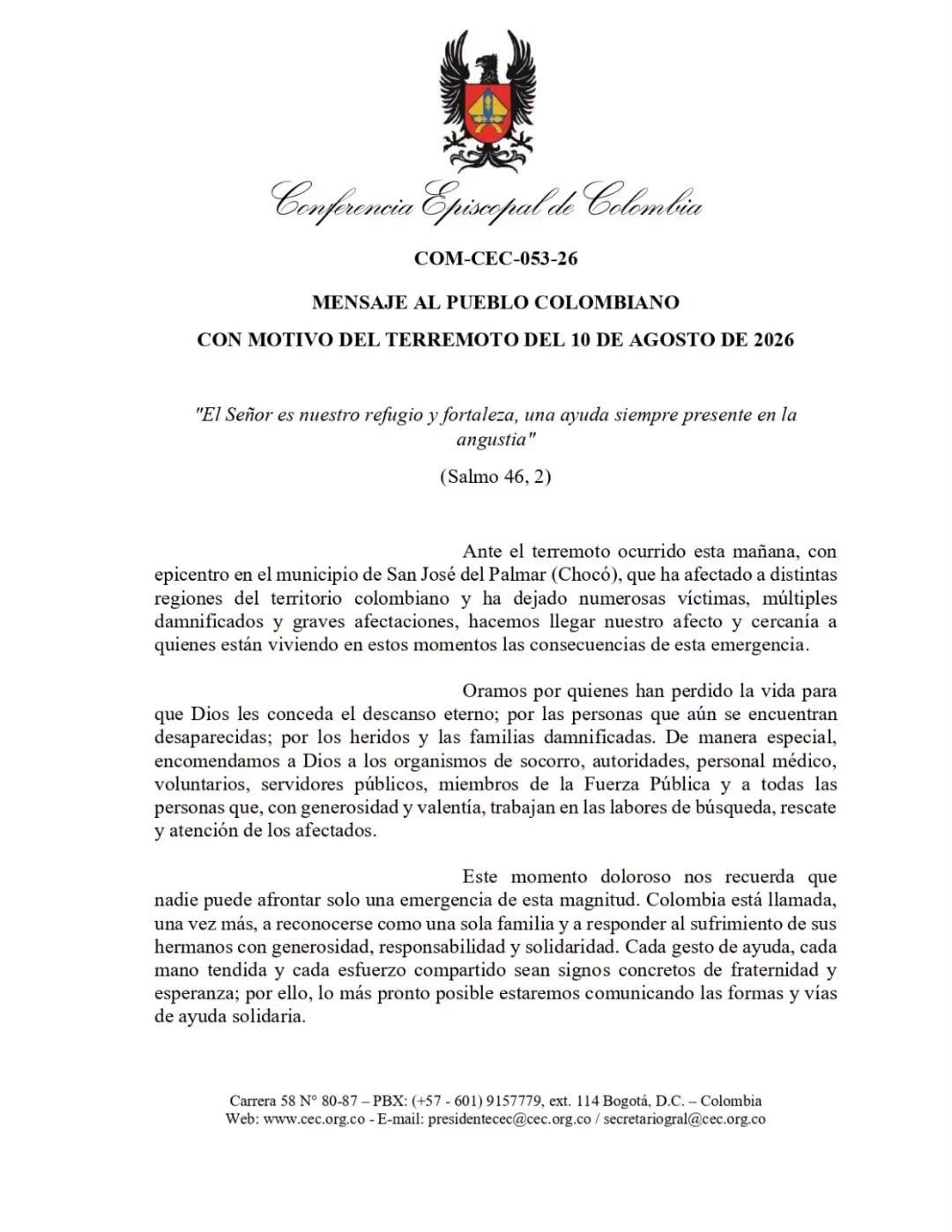 Comunicado de la Conferencia Episcopal Colombiana con motivo del terremoto