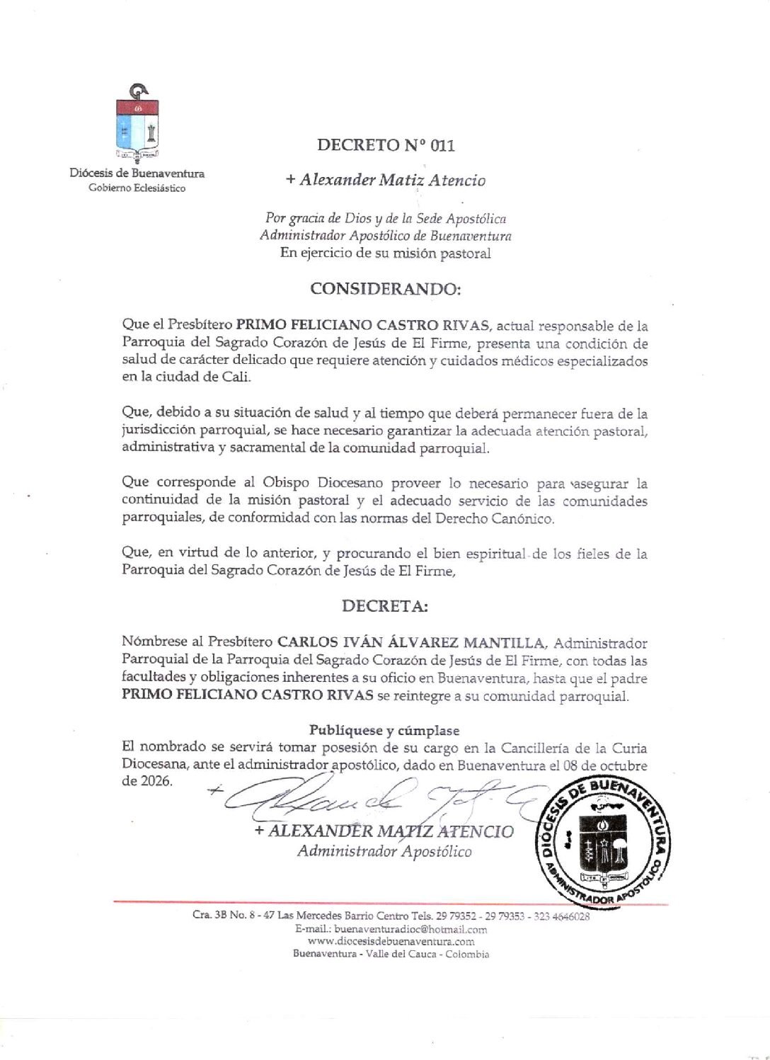 Decreto N°. 011 — Administrador parroquial del Sagrado Corazón de Jesús de El Firme