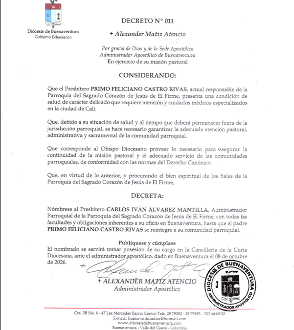 Decreto N°. 011: Nombramiento del administrador parroquial del Sagrado Corazón de Jesús de El Firme