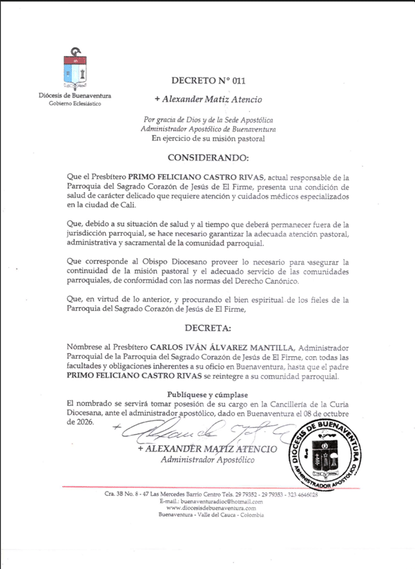 Decreto N°. 011: Nombramiento del administrador parroquial del Sagrado Corazón de Jesús de El Firme